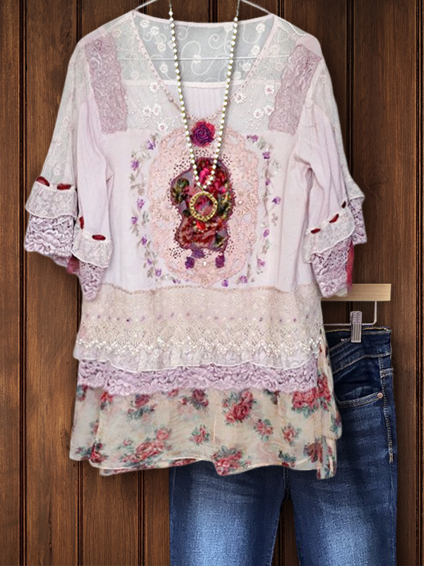 Retro Lace Floral Patchwork Top