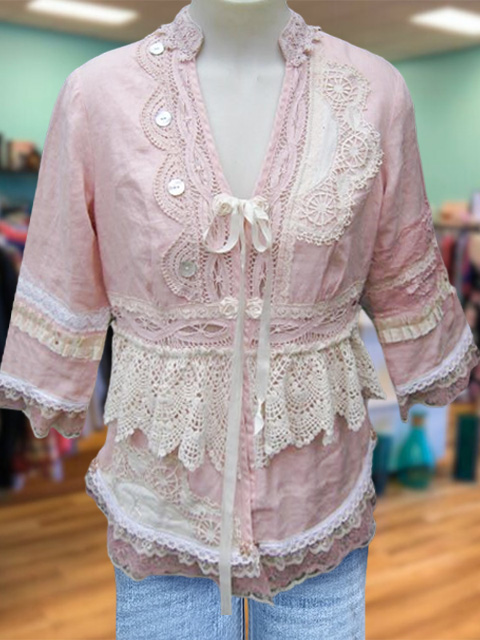 Vintage Elegant Lace Drawstring V-Neck Top