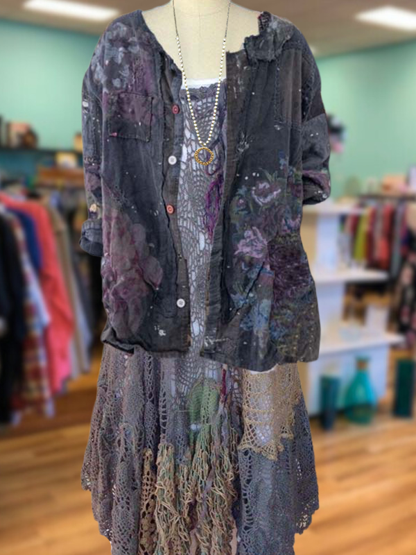 Retro Casual Dark Floral Round Neck Top