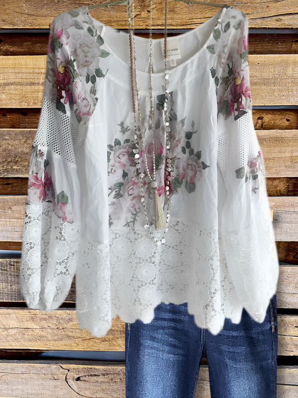 Vintage Floral Print Lace Crew Neck Top