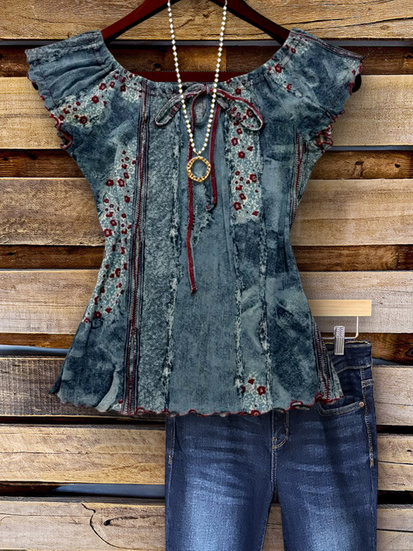 Vintage Denim Floral Pattern Top