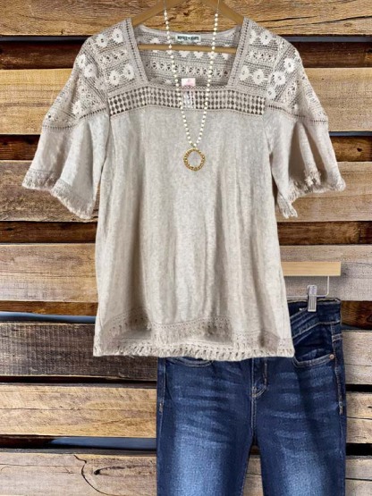 Retro Casual Lace Four-Panel Short-Sleeved Top