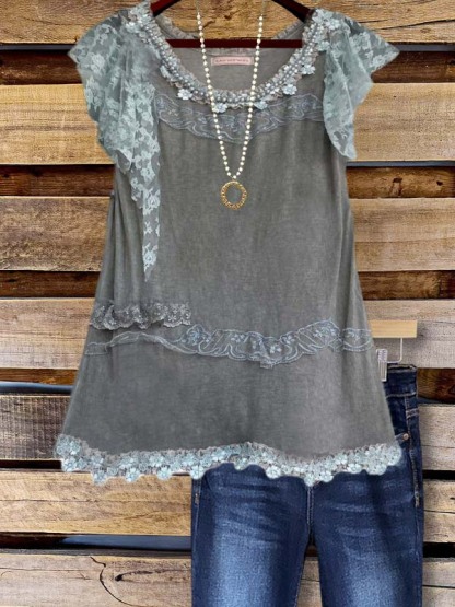 Retro Lace Patchwork Short-Sleeved Top