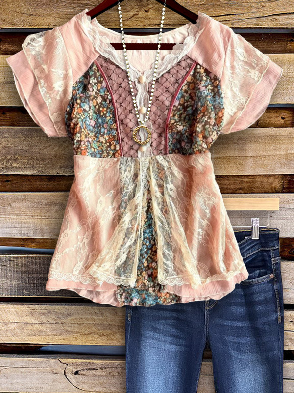 Women's top | Retro Casual Floral Lace Patchwork Top |Website-shopcharmingrose