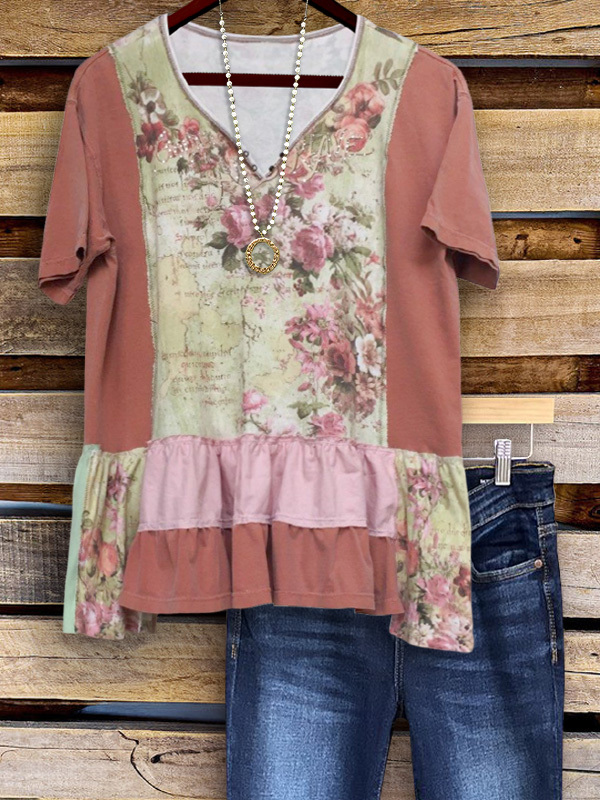 Women's top | Retro Casual Floral Print Patchwork Ruffle Top |Website-shopcharmingrose