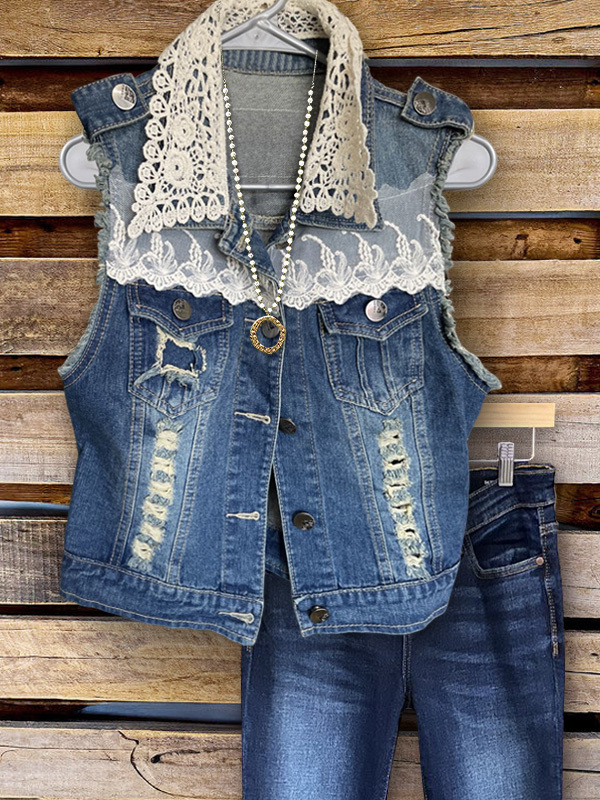 Women's top | Vintage Lace Ripped Denim Vest Top |Website-shopcharmingrose