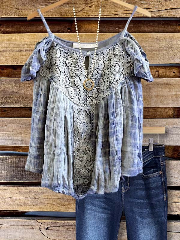 Women's top | Retro Lace Patchwork Gradient Plaid Short-Sleeved Top |Website-shopcharmingrose