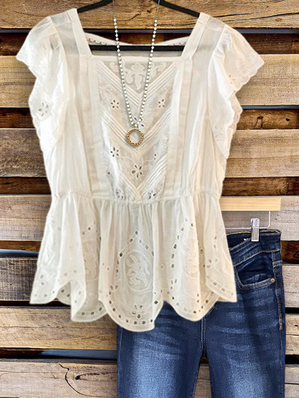 Women's top | Holiday Lace Ruffled Short Sleeve Top |Website-shopcharmingrose