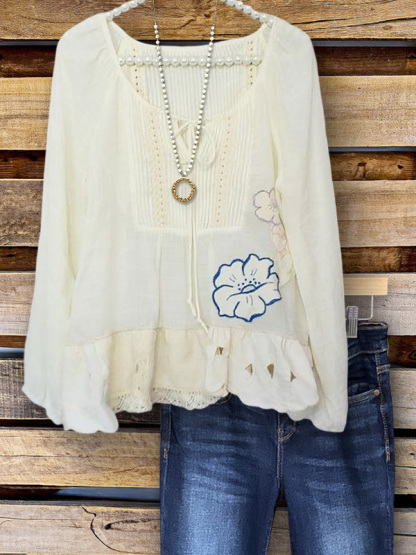 Casual Floral Print Ruffle Lace Top