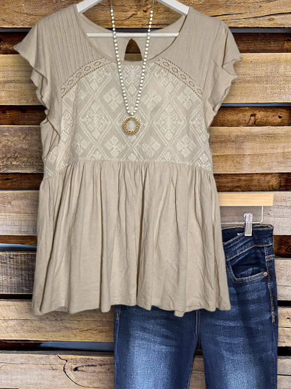 Women's top | Casual Ethnic Style Printed Patchwork Short-Sleeved Top |Website-shopcharmingrose
