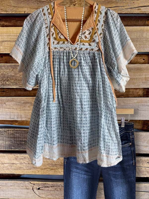 Women's top | Retro Casual Floral Patchwork Ruffled Top |Website-shopcharmingrose