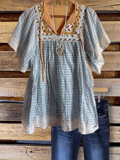 Retro Casual Floral Patchwork Ruffled Top
