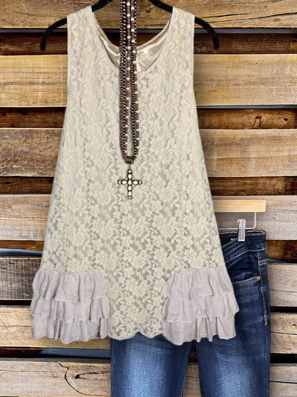 Women's top | Casual Lace Panel Ruffle Vest Top |Website-shopcharmingrose