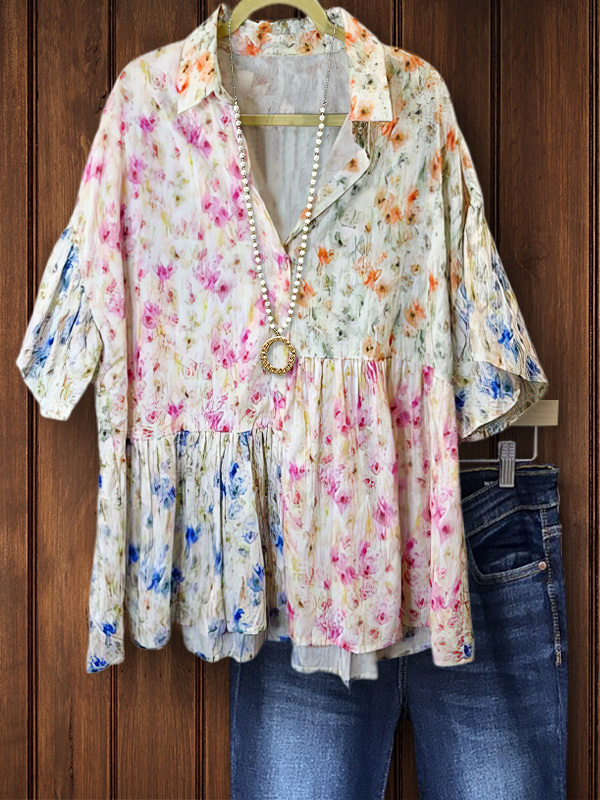 Women's top | Casual Floral Patchwork Ruffled Short-Sleeved Top |Website-shopcharmingrose