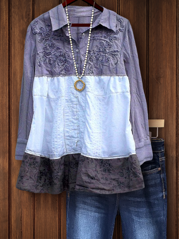 Women's top | Retro Floral Patchwork Ruffled Top |Website-shopcharmingrose