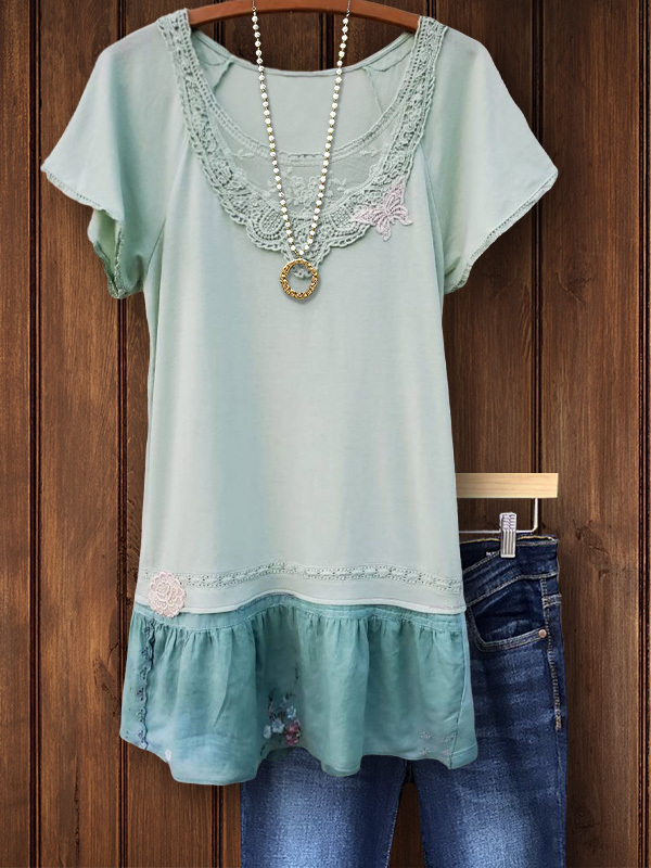 Women's top | Retro Casual Lace Patchwork Short-Sleeved Top |Website-shopcharmingrose