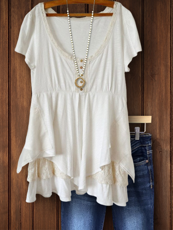 Women's top | Casual Lace Trim Short Sleeve Top |Website-shopcharmingrose