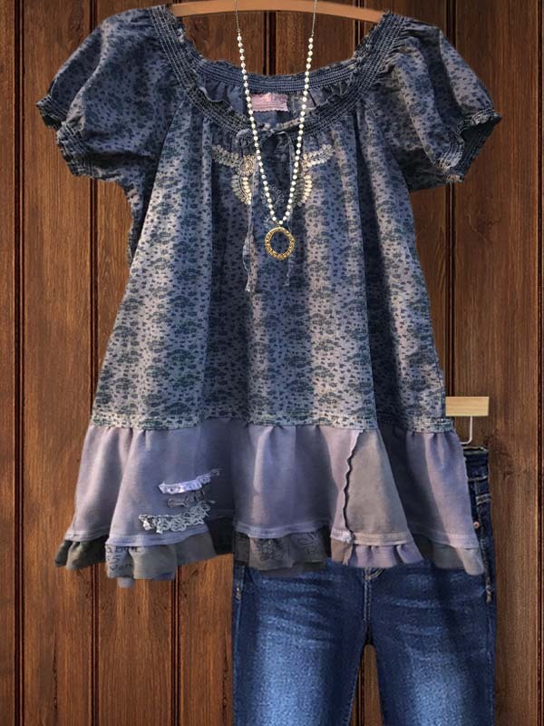 Women's top | Retro Floral Patchwork Ruffled Short-Sleeved Top |Website-shopcharmingrose
