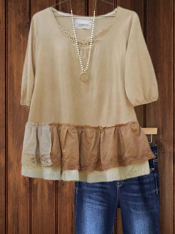 Women's top | Retro Casual Ruffle Stitching Lace Top |Website-shopcharmingrose