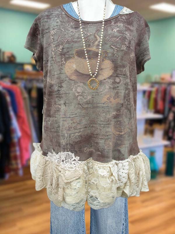 Women's top | Retro Casual Coffee Floral Print Stitching Lace Top |Website-shopcharmingrose