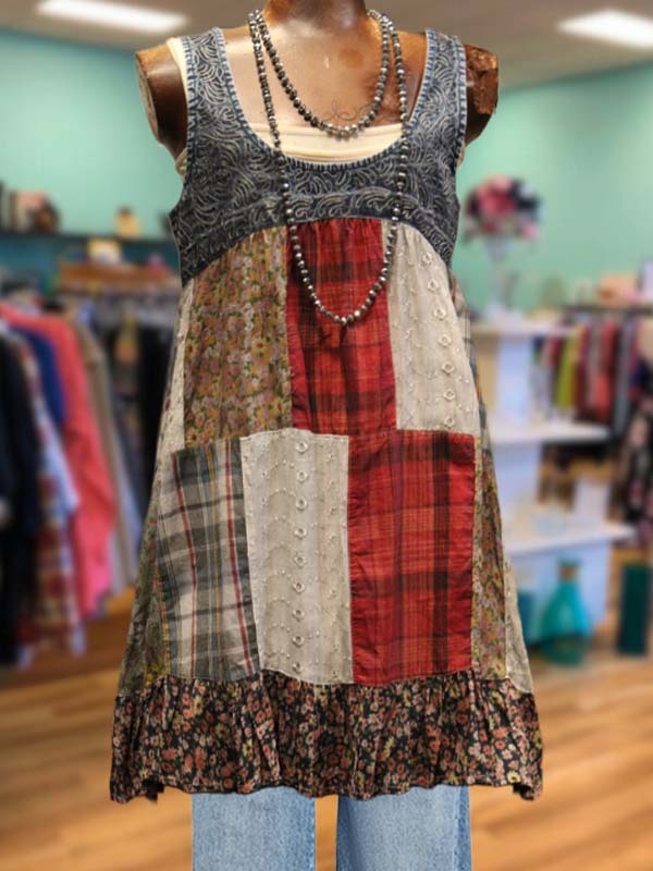 Retro Pastoral Style Floral Patchwork Vest Top