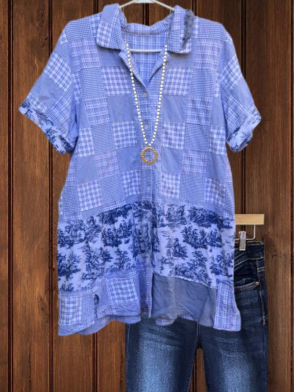 Women's top | Retro Casual Floral Patchwork Plaid Short-Sleeved Top |Website-shopcharmingrose