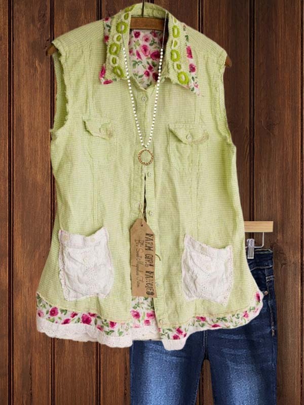Women's top | Casual Pastoral Style Embroidered Lace Pocket Top |Website-shopcharmingrose