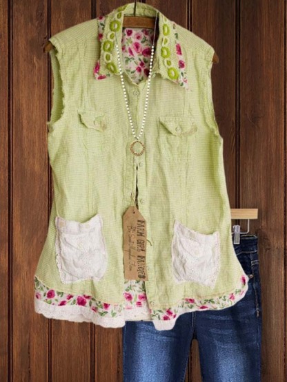 Casual Pastoral Style Embroidered Lace Pocket Top