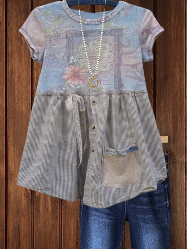 Women's top | Retro Casual Rose Patchwork Short-Sleeved Top |Website-shopcharmingrose