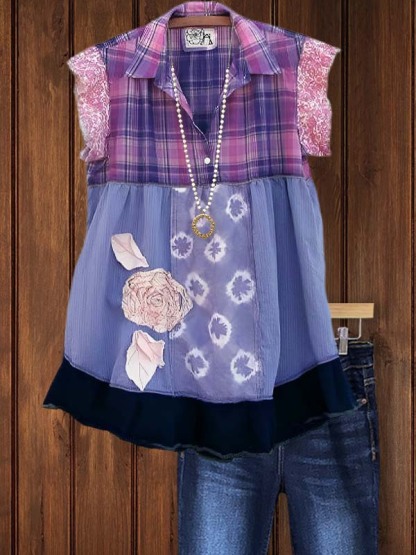 Retro Ruffled Plaid Floral Patchwork Top