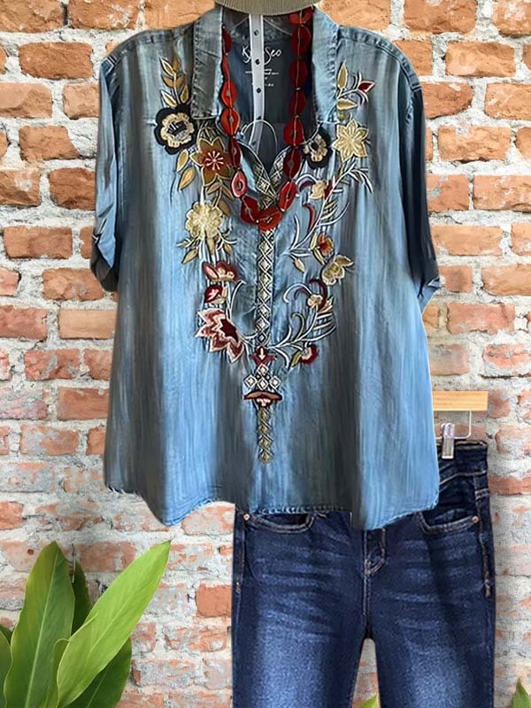 Casual Retro Embroidered Short Sleeve Top