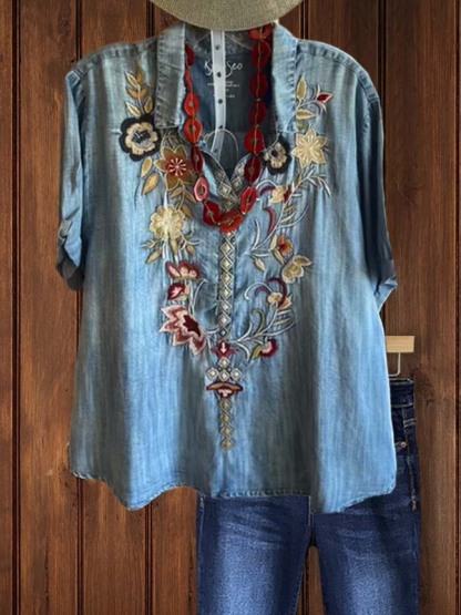 Casual Retro Embroidered Short Sleeve Top