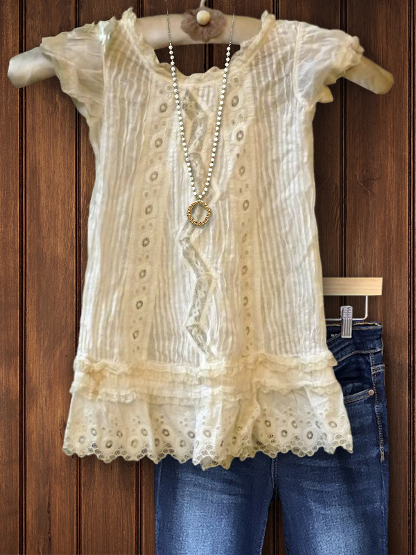 Women's top | Casual Elegant Lace Panel Short Sleeve Top |Website-shopcharmingrose