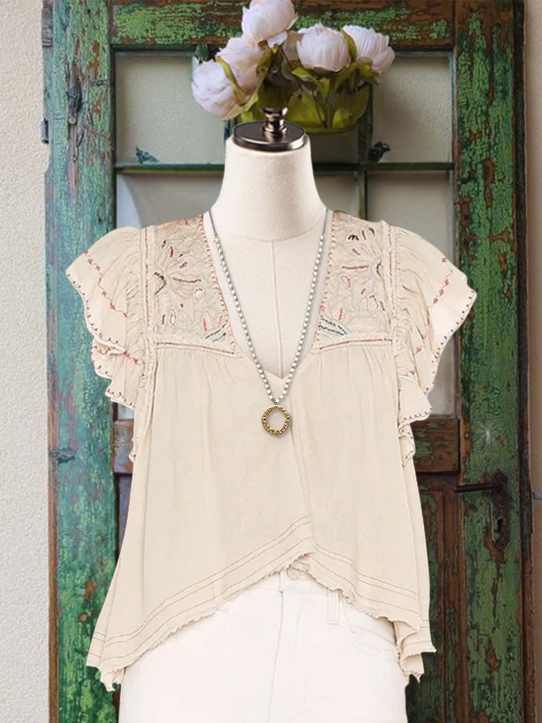 Women's top | Retro Casual Ruffled Floral Short-Sleeved Top |Website-shopcharmingrose