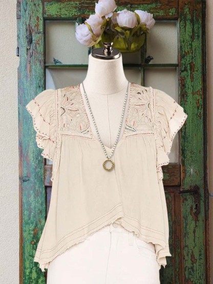 Retro Casual Ruffled Floral Short-Sleeved Top