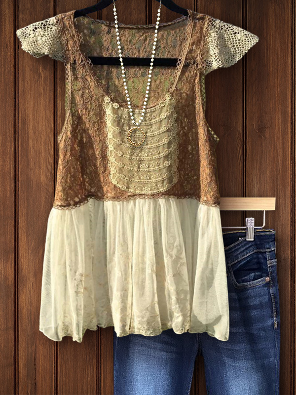 Women's top | Retro Elegant Lace Stitching Short Sleeve Top |Website-shopcharmingrose