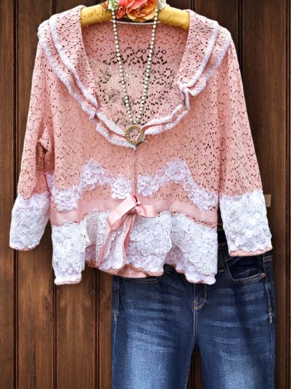 Retro Elegant Ruffle Lace Splicing Top
