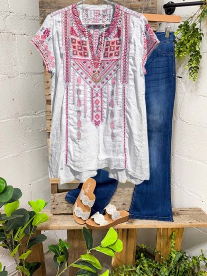 Casual Ethnic Style Embroidered Short-Sleeved Top