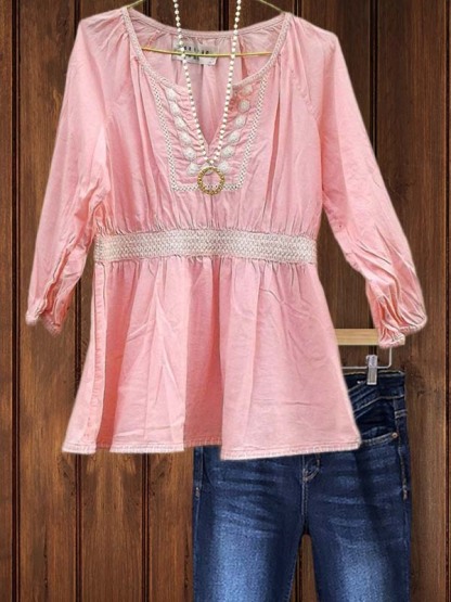 Casual Elegant Embroidered Panel Top