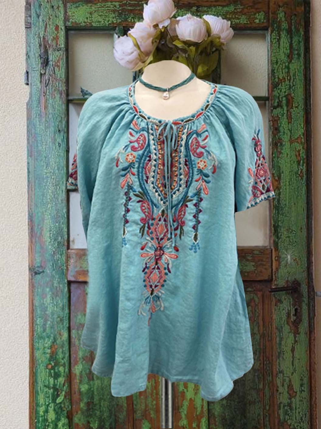 Women's top | Elegant Vintage Floral Embroidery Crewneck Top |Website-shopcharmingrose