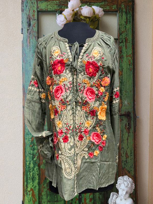 Vintage Casual Floral Embroidered Top