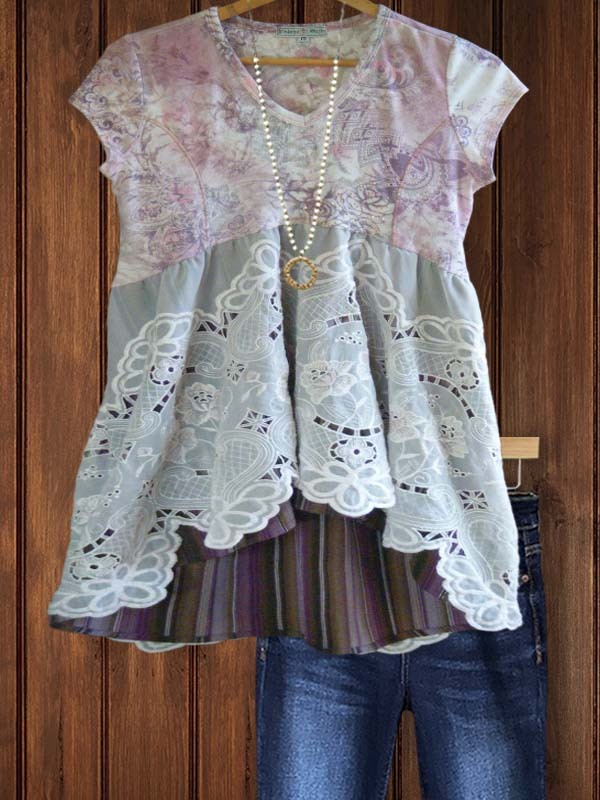 Women's top | Casual Retro Floral Lace Short Sleeve Top |Website-shopcharmingrose