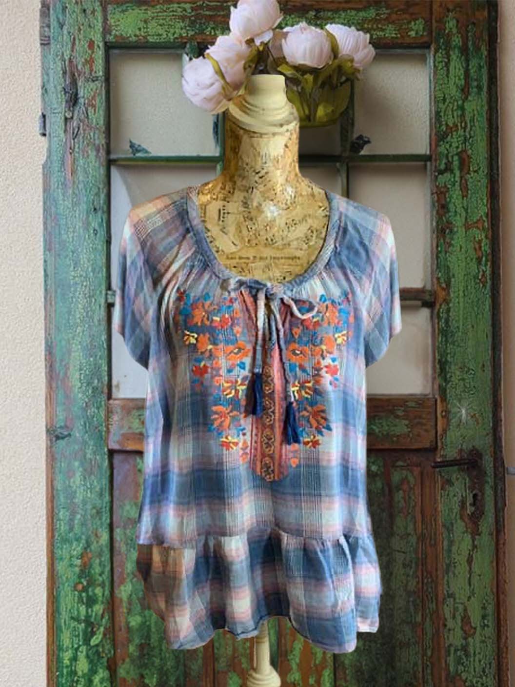 Women's top | Casual Retro Plaid Floral Embroidery Short Sleeve Top |Website-shopcharmingrose