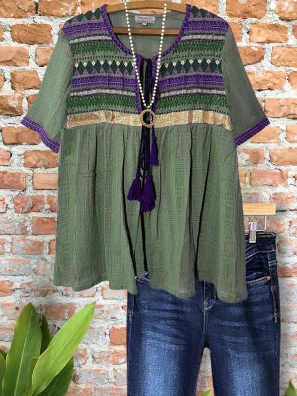 Women's top | Casual Retro Embroidery Short Sleeve Top |Website-shopcharmingrose