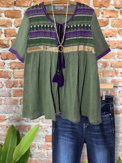 Casual Retro Embroidery Short Sleeve Top