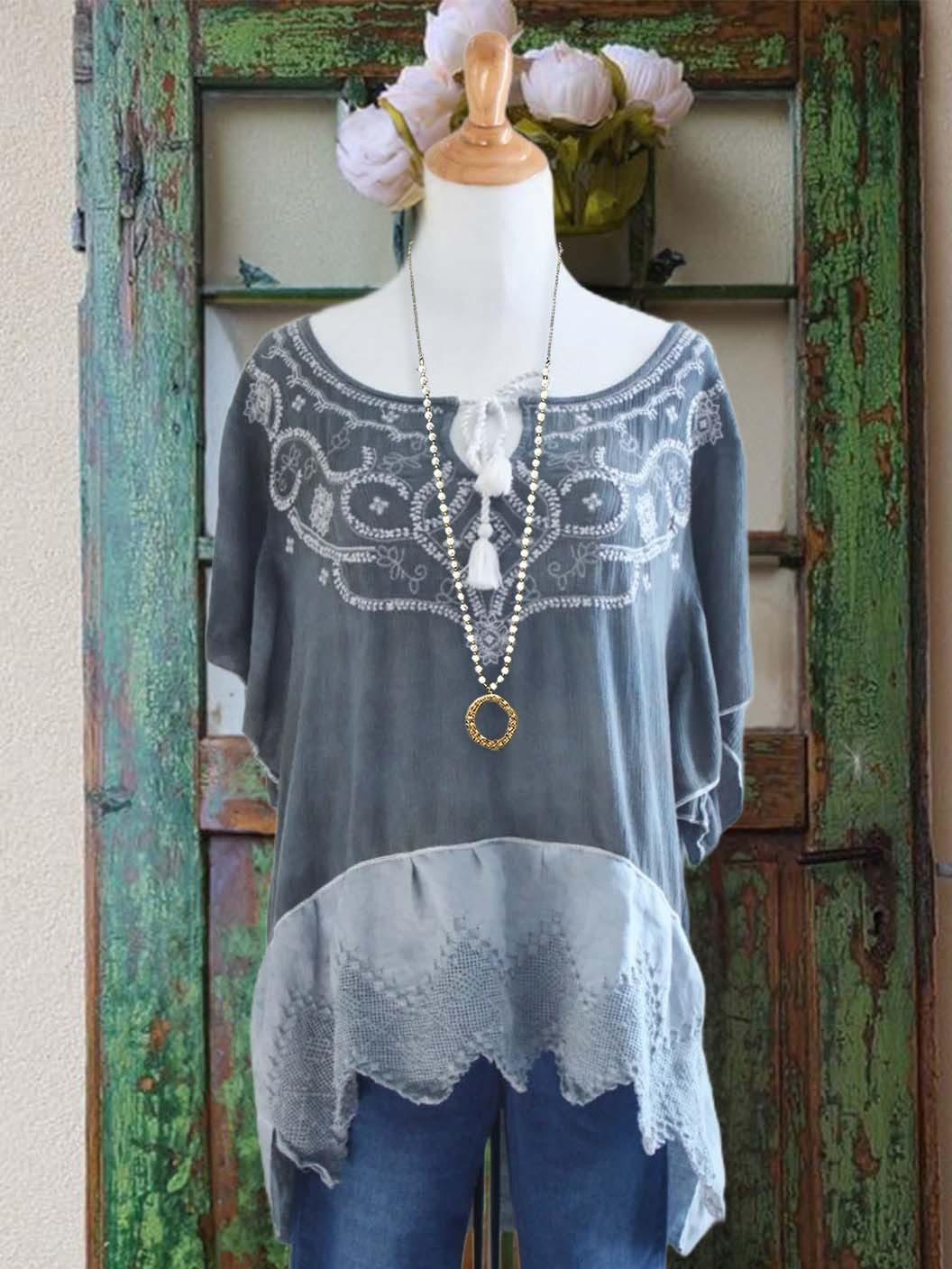 Women's top | Casual Retro Ethnic Style Printed Patchwork Top |Website-shopcharmingrose