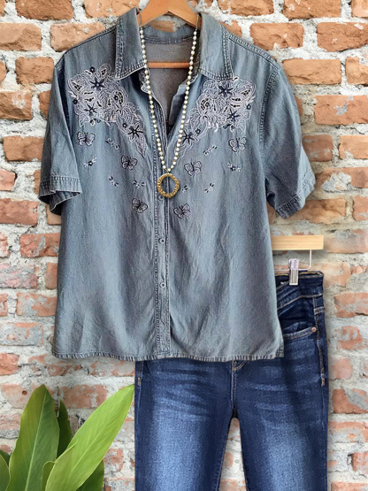 Casual Retro Floral Embroidered Short Sleeve Top