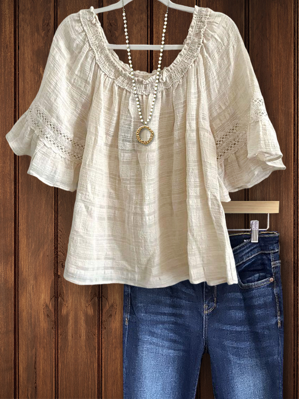 Women's top | Elegant Lace Panel Ruffle Short Sleeve Top |Website-shopcharmingrose