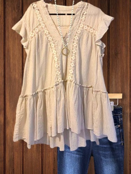 Casual Retro Lace Stitching Ruffle Short Sleeve Top