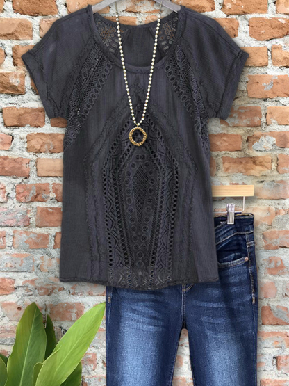 Elegant Retro Lace Panel Short Sleeve Top